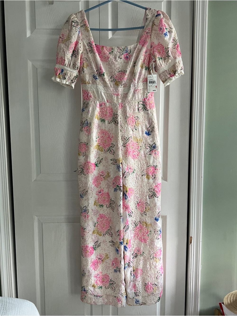 Adelyn Rae White and Pink Floral Lace-Trim Jumpsuit